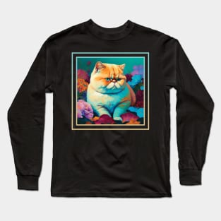 Famished Exotic Shorthair Cat Vibrant Tropical Flower Digital Oil Painting Portrait Long Sleeve T-Shirt